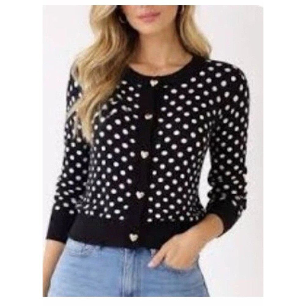 NWT Rachel Zoe XS Heart Button Black/White Polka Dot Cardigan Preppy